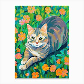 Cat Chilling With Flowers Oil Painting Canvas Print