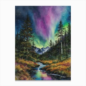 The Northern Lights - Aurora Borealis Rainbow Winter Snow Scene of Lapland Iceland Finland Norway Sweden Forest Lake Watercolor Beautiful Celestial Artwork for Home Gallery Wall Magical Etheral Dreamy Traditional Christmas Greeting Card Painting of Heavenly Fairylights 7 Canvas Print