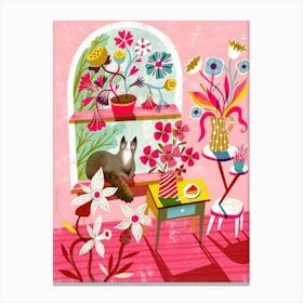Pink Room With Plants And Cat Canvas Print