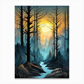 Forest At Sunset Vector Illustration, Forest, sunset,   Forest bathed in the warm glow of the setting sun, forest sunset illustration, forest at sunset, sunset forest vector art, sunset, forest painting, dark forest, landscape painting, nature vector art, Forest Sunset art, trees, pines, spruces, and firs, black, blue and yellow, forest water, water stream  Canvas Print