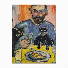 Portrait Of A Man With Cats Eating Pasta 1 Canvas Print