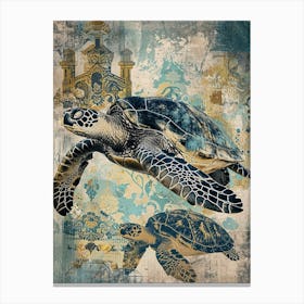 Ornamental Blue & Gold Sea Turtles Canvas Print