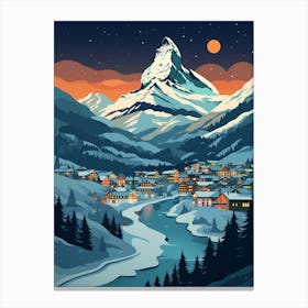 Winter Travel Night Illustration Zermatt Switzerland 3 Canvas Print
