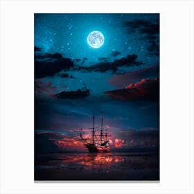 Sparrow Ship Boat And Full Moon Canvas Print