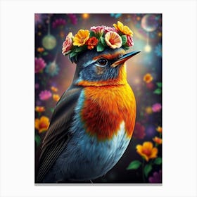 Robin With Flower Crown Canvas Print