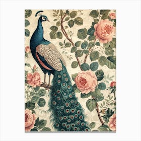 Cream Floral Vintage Peacock Wallpaper Inspired 2 Canvas Print