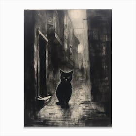 A Black Cat Wandering The Smoky Medieval Cobbled Streets Charcoal Illustration Canvas Print