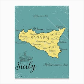 Vintage Sicily Map Canvas Print