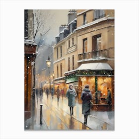 Paris cafes, winter season, Christmas, autumn oil colors, pale colors, pedestrians in the street, winter clothes, falling snow.11 1 Canvas Print