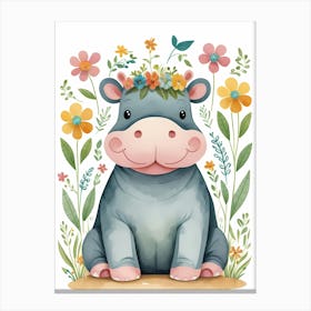 Floral Baby Hippo Nursery Illustration (29) Canvas Print