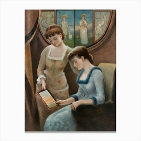 Two women looking at fringed card Canvas Print