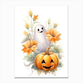 Cute Ghost With Pumpkins Halloween Watercolour 86 Canvas Print