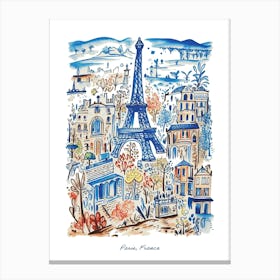 Paris Eiffel Tower Illustration Line Art France Travel Blue Canvas Print