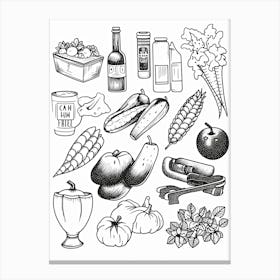Fruits And Vegetables Black And White Line Art Canvas Print