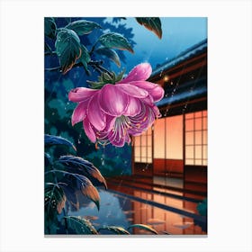 Anime Canvas Art: Vibrant Pink Flower with Raindrops in a Rainy Night Setting, Warm Lantern Glow, and Lush Leaves, Perfect for Lofi Aesthetic and Tranquil Ambience. 1 Canvas Print