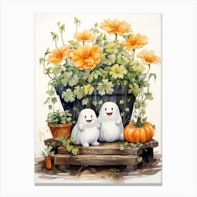 Cute Bedsheet Ghost, Botanical Halloween Watercolour 42 Canvas Print