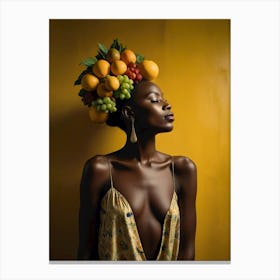 Fruitful Elegance: A Stunning Portrait of a Black Woman in a Sensational Dress and Fruit Hat Canvas Print