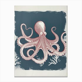 Linocut Inspired Navy Red Octopus With Coral 10 Canvas Print