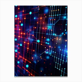 Abstract Background With A Network Of Glowing Blue And Red Lines, Dots, And Geometric Shapes Against A Dark Background Canvas Print