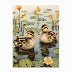 Ducklings With The Water Lilies Japanese Woodblock Style  5 Canvas Print