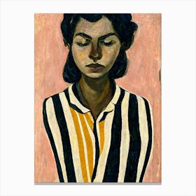 Portrait Of A Woman Wearing A Striped Shirt Pink Background Canvas Print