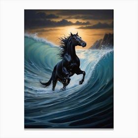 Black Horse In The Ocean Print Canvas Print