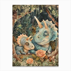 Triceratops And Baby Triceratops Sleeping Under The Tree Storybook Style Canvas Print