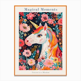 Unicorn In The Meadow Floral Portrait 1 Poster Canvas Print
