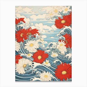 Great Wave With Dahlberg Daisy Flower Drawing In The Style Of Ukiyo E 1 Canvas Print