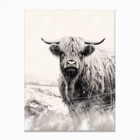 Black Ink Style Highland Cow In A Snowy Field Canvas Print