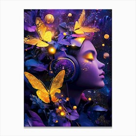 Woman With Headphones And Butterflies Canvas Print