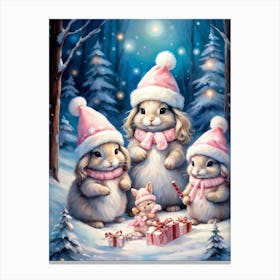 Winter Themed Painting Of Adorable Christmas Bunnies Donning Santa Hats Each Snuggled In Their Past Canvas Print