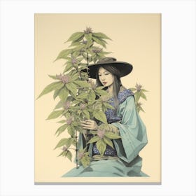 Kanadehon Woodland Sage Vintage Japanese Botanical And Geisha Canvas Print