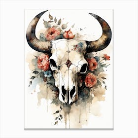 Vintage Boho Bull Skull Flowers Painting (39) Canvas Print