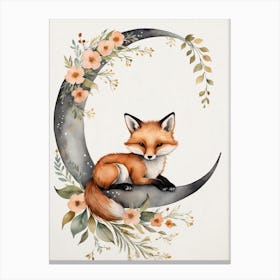 Floral Cute Fox Watercolor Moon Paining (14) Canvas Print