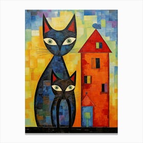 Two Patchwork Black Cats Next To A Tower Canvas Print