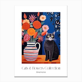 Cats & Flowers Collection Anemone Flower Vase And A Cat, A Painting In The Style Of Matisse 2 Canvas Print
