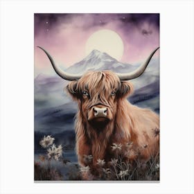 Watercolour Of Highland Cow At Night 1 Canvas Print