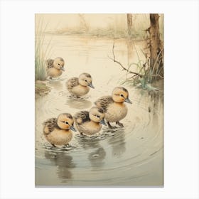 Ducklings Splashing Around In The Water 4 Canvas Print
