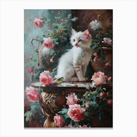 Rococo Painting Inspired Of Kitten With Pink Flowers  Canvas Print