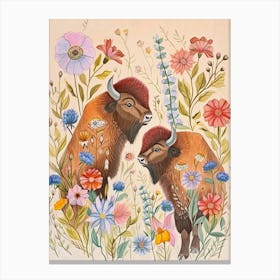Folksy Floral Animal Drawing Bison 3 Canvas Print