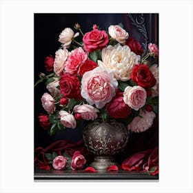 Digital Art Piece Illustrating An Ample Vase Overflowing With Roses And Peonies Captured In Soft Li Canvas Print