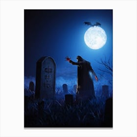 A Zombie Hand Breaking Through The Earth In A Dark Cemetery Fear Palpable In The Scarey Silhouette (7) Canvas Print