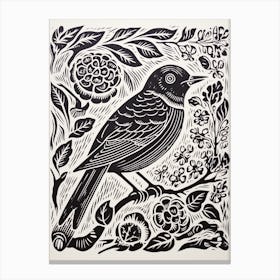 B&W Bird Linocut Bluebird 2 Canvas Print