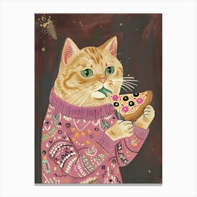 Cat In A Sweater Pizza Lover Folk Illustration 5 Canvas Print
