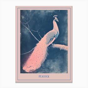 Blue & Pink Peacock On A Tree 2 Poster Canvas Print