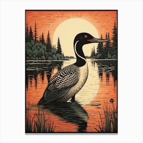 Vintage Bird Linocut Loon 3 Canvas Print