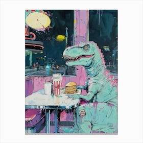 Abstract Dinosaur Eating Breakfast In A Cafe Pink Blue Purple 1 Canvas Print