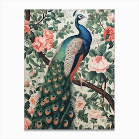 White & Pink Peacock On A Branch Wallpaper Style Canvas Print