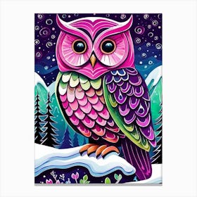 Pink Owl Snowy Landscape Painting (207) Canvas Print